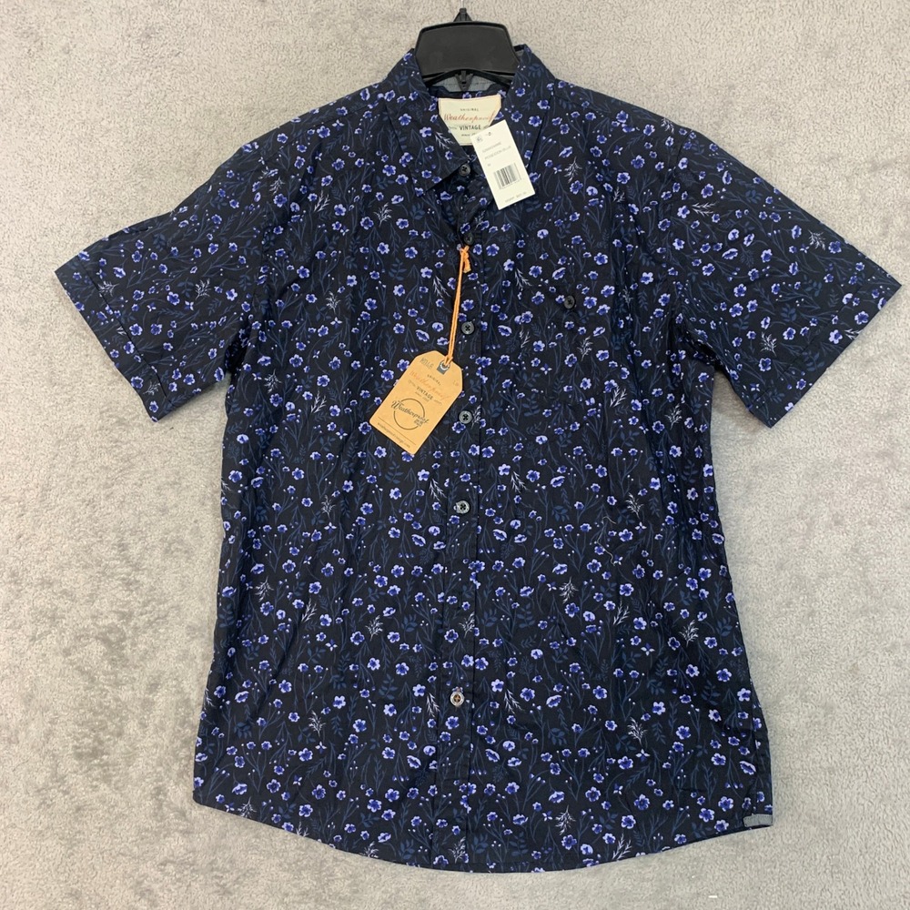 NWT Weatherproof Vintage Shirt Men's M Blue Cotton Floral Button Down